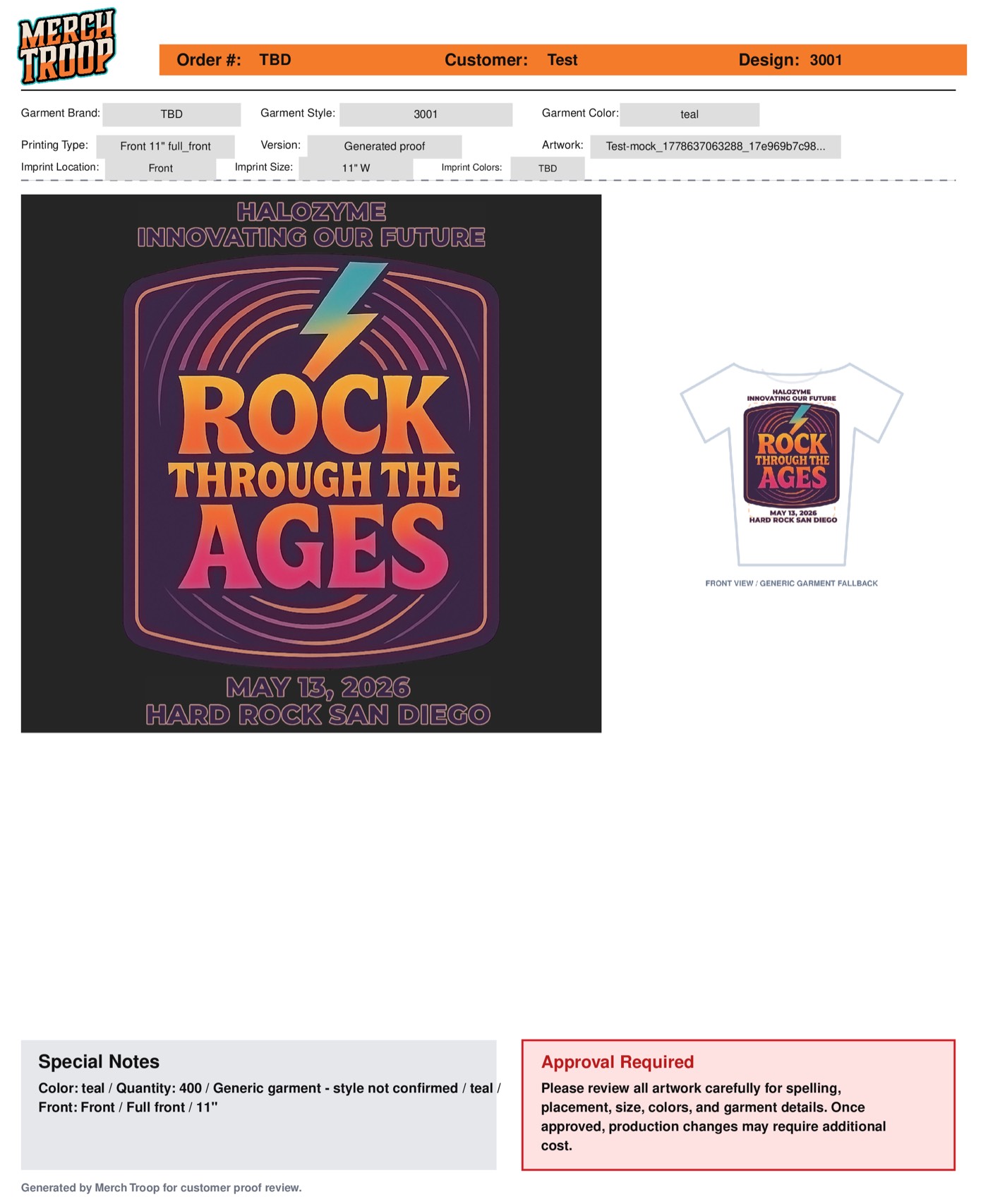 Merch Troop artwork proof sheet showing garment mockup and print specifications